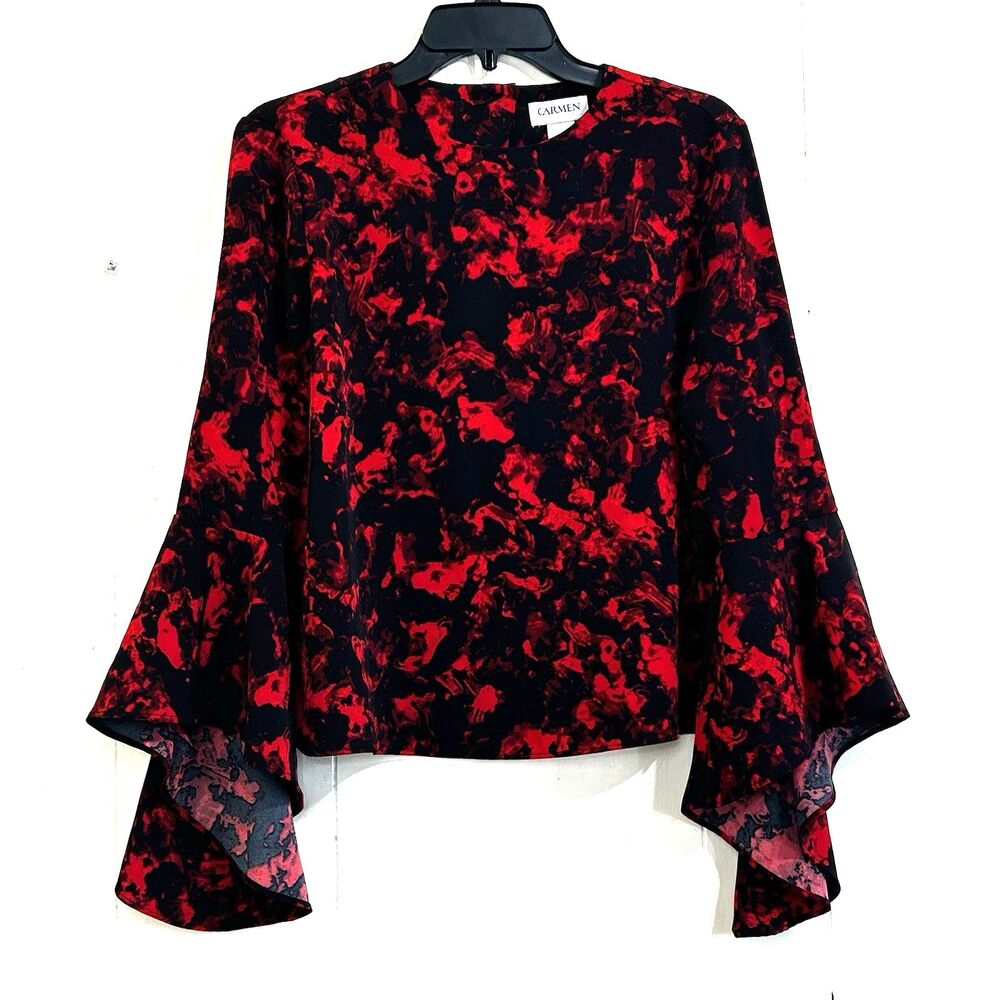 Carmen Marc Valvo Black & Red Floral Long Bell Sleeve Blouse Top Size Small - Picture 2 of 11